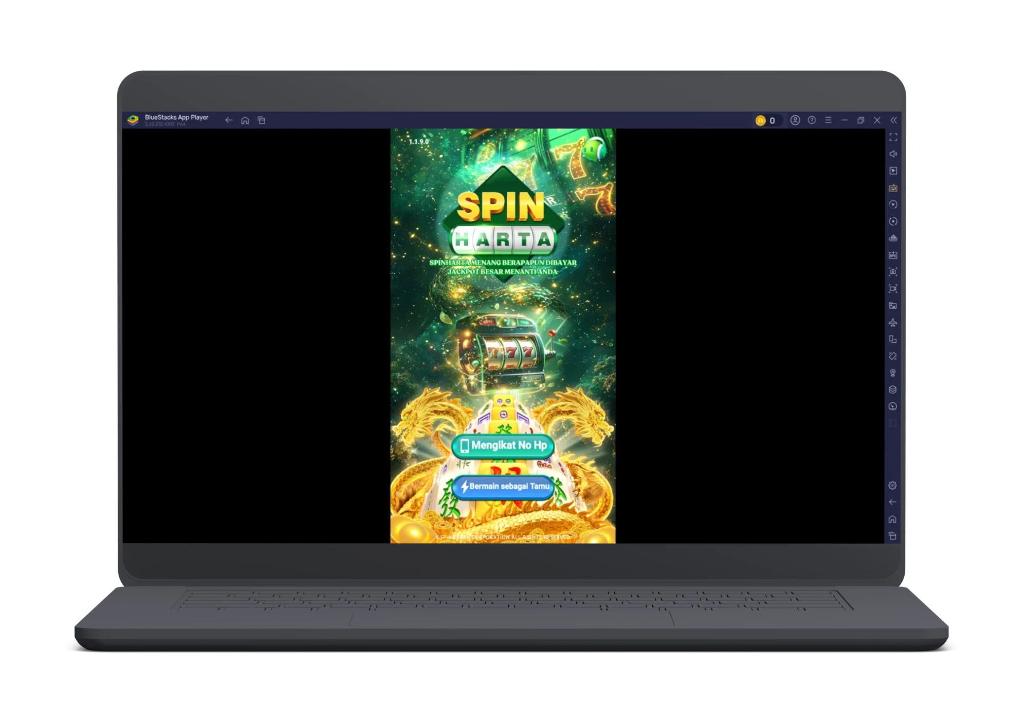 Gambar laptop yang menampilkan Spin Harta yang sedang dibuka di emulator BlueStacks.