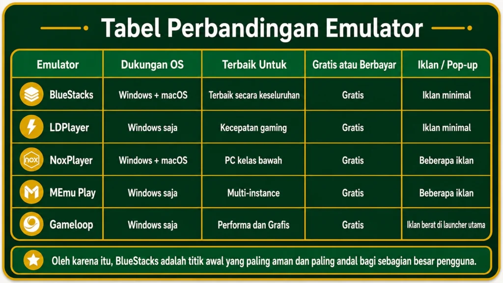 Tabel perbandingan berbagai emulator Android